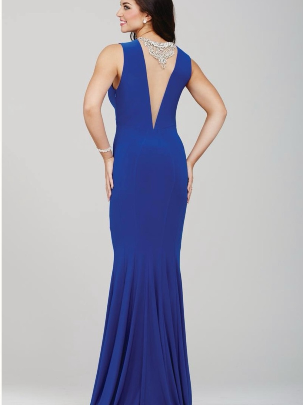 Jovani Royal Blue Sleeveless Mermaid Gown with Deep V Back